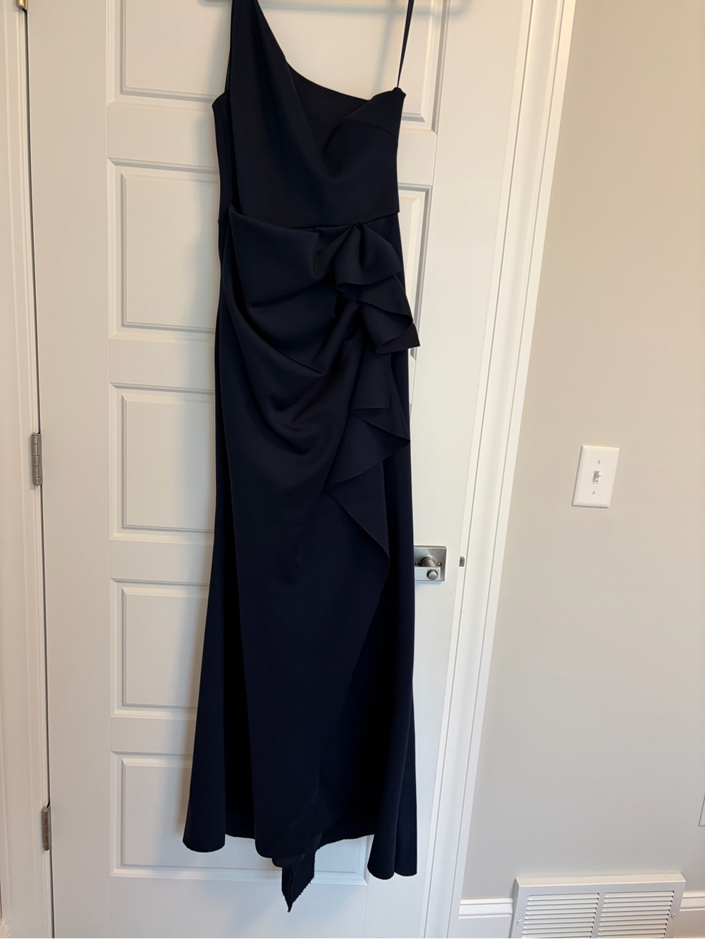 Xscape One-Shoulder Navy Ruffle Gown